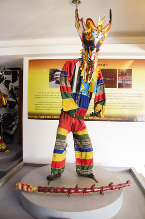 Mask and costume Phi Ta Khon of Ghost Festival also known as Bun Pha Wet for people visit at Phi Ta Khon Museum in Wat Phon Chai on February 22, 2017 in Loei, Thailandのeditorial素材