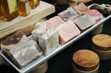 Colorful organic soap for show and sale at street & organic market fair in Bangkok, Thailandの写真素材