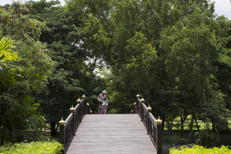 Travelers people walking and biking bicycle in Sri Nakhon Khuean Khan Park and Botanical Garden or khung bang kachao park on August 9, 2017 in Samut Prakan, Thailandの写真素材