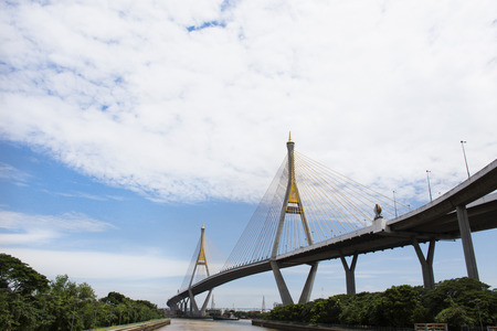 View landscape and cityscape of Amphoe Phra Pradaeng at Bhumibol Bridge with Chao phraya river on August 9, 2017 in Samut Prakan, Thailandの写真素材