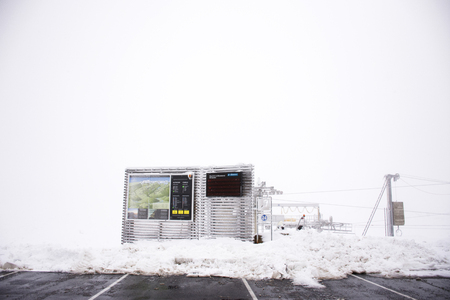 Information board at top of mountain with snowing covered on floor at Kaunergrat nature park on September 3, 2017 in Tyrol, Austriaのeditorial素材