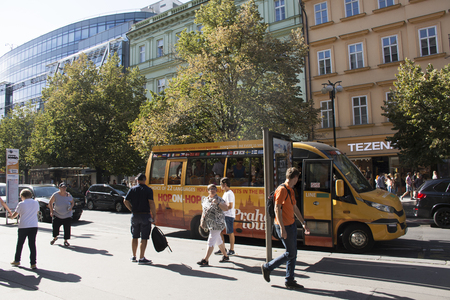 Czechia people and foreigner travelers walking and shopping with traffic road at Wenceslas Square (Vaclavske Namesti) on August 30, 2017 in  Prague, Czech Republic.のeditorial素材
