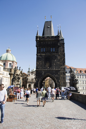 Czechia people and foreigner travelers walking and visit old town bridge tower at Charles Bridge crossing Vltava river on August 31, 2017 in Prague, Czech Republicのeditorial素材