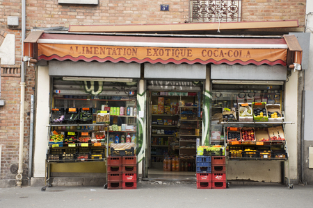 Grocery shop of French people for sale people on pedestrian near subway station at Paris zone 5 on September 7, 2017 in Paris, Franceのeditorial素材