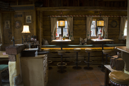 Decoration and interior at inside of restaurant for Swiss and travelers people use service at Samnaun village on September 2, 2017 in Graubunden, Switzerlandのeditorial素材