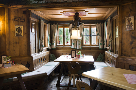 Decoration and interior at inside of restaurant for Swiss and travelers people use service at Samnaun village on September 2, 2017 in Graubunden, Switzerlandのeditorial素材