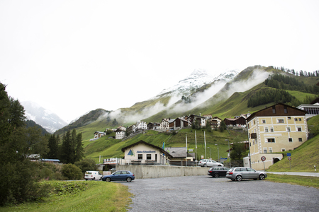 Villages of Tschlin and Ramosch at beside road and street for go to Samnaun high Alpine village on September 2, 2017 in Graubunden region, Switzerlandのeditorial素材