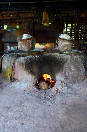 Thai people putting firewood in ancient old stove for make rock salt Indigenous Knowledge of bo kluea in Nan city in morning time at Ban Bo Kluea village on April 30, 2011 in Nan, Thailandのeditorial素材