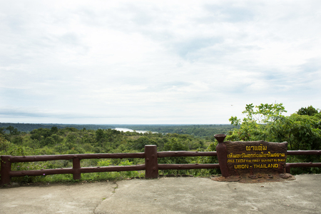 Tag board information of Pha Taem National Park and landscape viewpoint cliffs at Amphoe Khong Chiam in Ubon Ratchathani, Thailandの写真素材
