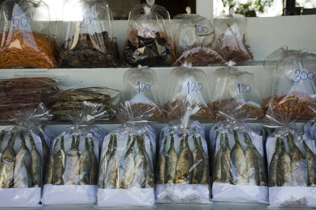 Dried seafood product and souvenir at local shop for sale travelers people in Laem Phak Bia, Phetchaburi, Thailandの写真素材