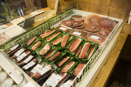 European sausages and fish of traditional food of Germany for sale travelers people in shop at Black Forest or Schwarzwald on September 8, 2017 in Stuttgart, Germanyのeditorial素材