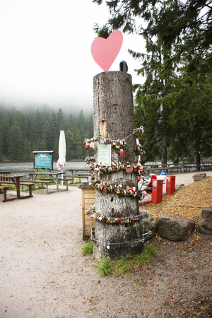 View point for travelers take photo and padlocks engraved with the names of lovers, locked onto the tree at Mummelsee lake on September 8, 2017 in Stuttgart, Germanyのeditorial素材