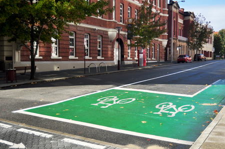 Bicycle lane on the road with classic building at Hay street on May 21, 2016 in Perth, Australiaのeditorial素材