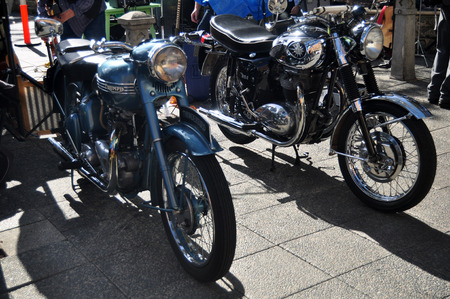 Australian people joining with classic retro motorcycle and car festival for show people at garden park of St. John's Anglican Church on May 28, 2016 in Perth, Australiaのeditorial素材