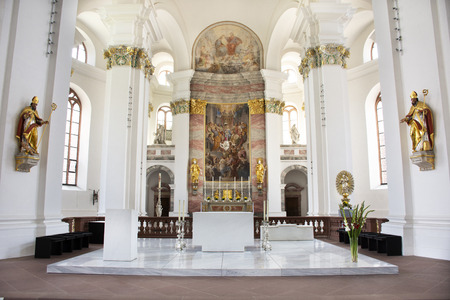Interior and decor with statue inside Jesuitenkirche church for people visit and respect pray at Heidelberg on August 25, 2017 in Baden-Wurttemberg, Germanyのeditorial素材