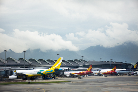 Airbus and plane on runway station waiting time for take off at Hong Kong International Airport on September 3, 2018 in Hong Kong, Chinaのeditorial素材