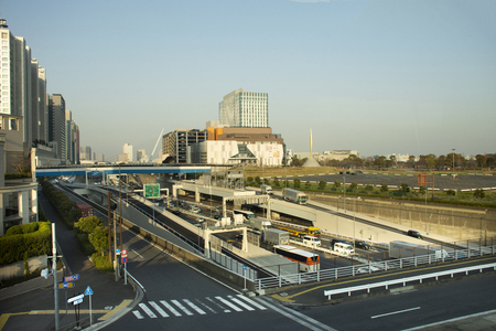 Tokyo, Japan - March 26, 2019 : View landscape and cityscape Odaiba downtown from MRT train Rinkai Line running journey go to tokyo big sight in Ariake town at Koto cityのeditorial素材