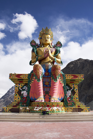 Hight 32 metre colorful and beauty statue of Maitreya Buddha near Diskit Monastery for foreign travelers and tibetan with indian people travel visit praying at Leh Ladakh in Jammu and Kashmir, Indiaのeditorial素材