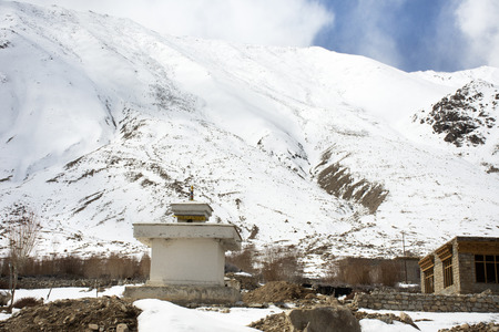 View landscape with Himalayas mountains range between Khardung La road pass go to Nubra Valley with Khalsar village in Hunder city while winter season at Leh Ladakh in Jammu and Kashmir, Indiaのeditorial素材