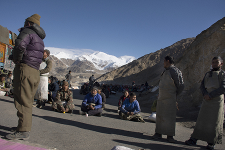 JAMMU KASHMIR, INDIA - MARCH 21 : Tibetans wait at Thiksey monastery and Namgyal Tsemo Gompa before respect pray in tibet ceremony festival at Leh ladakh on March 21, 2019 in Jammu and Kashmir, Indiaのeditorial素材