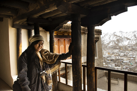 JAMMU KASHMIR, INDIA - MARCH 20 : Traveler thai woman visit praying  angel god buddha statue of Leh Stok Palace for people visit and praying at Leh Ladakh on March 20, 2019 in Jammu and Kashmir, Indiaのeditorial素材