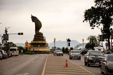 NAKHON PHANOM, THAILAND - OCTOBER 2 : Naga 9 head big statue at riverside of Mekong for foreign traveler and thai people travel visit and respect praying on October 2, 2019 in Nakhon Phanom, Thailandのeditorial素材