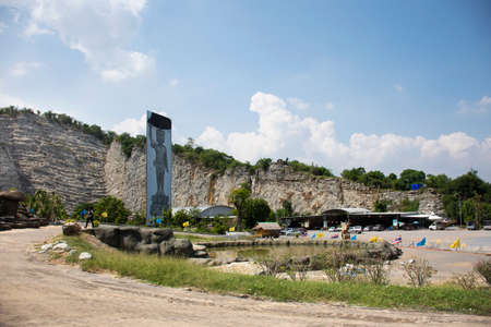 SUPHAN BURI, THAILAND - OCTOBER 28 : Big buddha carving on stone cliff of Wat Khao Tham Thiam for thai people travel visit and respect pray at U Thong city on October 28, 2019 in Suphanburi, Thailandのeditorial素材