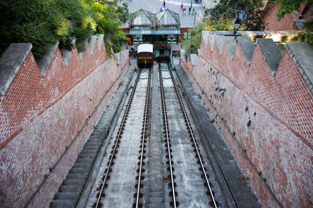 Budapest funicular with Car BS1 Margit for bring Hungarians people and foreign travelers travel visit at Budapest Castle Hill or Buda Castle Royal Palace in Budapest, Hungaryのeditorial素材