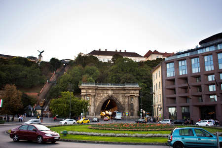 BUDAPEST, HUNGARY - SEPTEMBER 22 : Traffic road at gate of Budai varalagut budapest or Buda castle tunnel for people travel visit at Buda Castle Royal Palace on September 22, 2019 in Budapest, Hungaryのeditorial素材