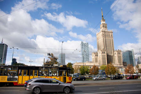 View landscape cityscape with Congress Hall or sala kongresowa warszawa Palace of Culture and Science and traffic road for people travel visit at Warszawa city on September 21, 2019 in Warsaw, Polandのeditorial素材