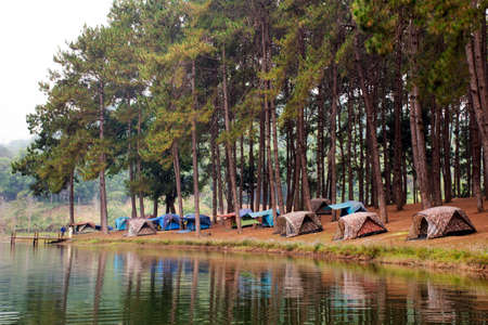View landscape of Pang Ung pine forest and tent camping while bamboo rafts moving in Pang Oung lake or Switzerland of Thailand in authentic Chinese village Ban Rak Thai in Mae Hong Son, Thailandのeditorial素材
