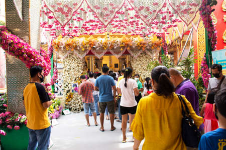Thai people and foreign traveler respect praying and rite ritual god angel buddha statue at Wat Bang Phli Yai Nai Temple in Bang Phli Yai at Bang Phli city on July 12, 2020 in Samut Prakan, Thailandのeditorial素材