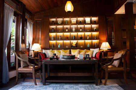 Decoration interior furniture modern style of elegance vintage boutique living room for service customer travelers use spa and treatment at Chiangmai city on December 3, 2020 in Chiang Mai, Thailandのeditorial素材