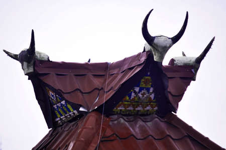 Ancient antique vintage retro roof of traditional house of Tirto Meciho Karo for Indonesian people foreign traveler travel visit in Karna city at Sumatera Utara or North Sumatra, Indonesiaの素材 [FY310168986343]