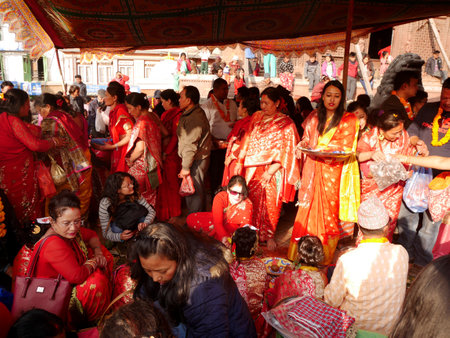 Nepalese girl and nepal people join with ceremony ritual selection process Kumari Devi or Living Durga goddess at Kathmandu Lalitpur Bhaktapur Metropolitan City on December 2, 2017 in Kathmandu, Nepalのeditorial素材