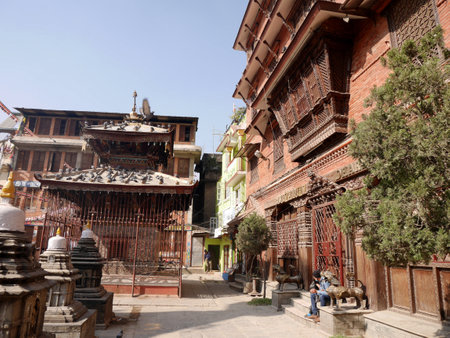 Manjushree Saraswati Hindu Temple in center of thamel bazaar market city for nepali people and foreign travelers travel visit respect praying at Katmandu valley on December 2, 2017 in Kathmandu, Nepalのeditorial素材