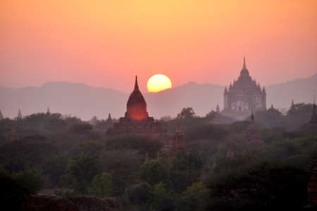View landscape with silhouette chedi stupa of Bagan or Pagan ancient city   with over 2000 pagodas...