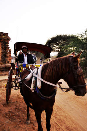 Burmese ride horse drawn vehicle carriages bring burma people and foreign travelers travel visit tour UNESCO World Heritage Site at Bagan or Pagan ancient city on February 3, 2013 in Mandalay, Myanmarのeditorial素材
