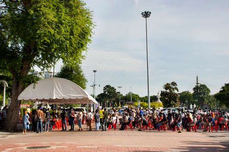 Thai people wait queue with social distancing for meet doctor and nurse inject vaccine Corona virus...