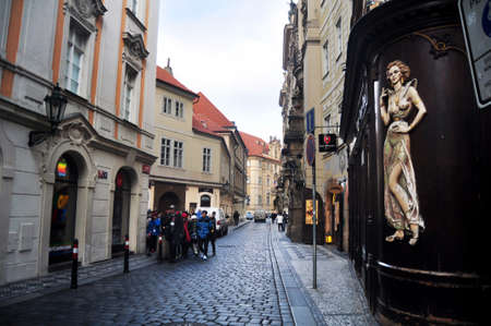 View landscape cityscape small alley with classic antique building for Czechia people and foreign travelers travel visit with traffic road at Praha city on November 11, 2016 in Prague, Czech Republicのeditorial素材