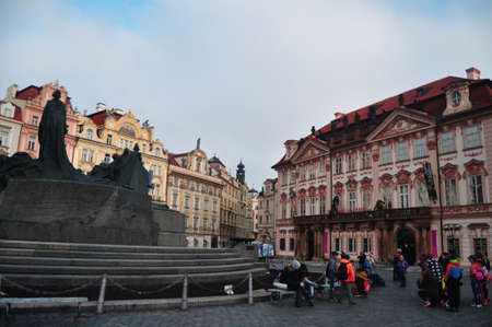 Statue of Jan Hus memorial monument depicts victorious Hussite warriors in Old Town Square for Czechia people and foreign travelers travel visit at Praha on November 11, 2016 in Prague, Czech Republicのeditorial素材
