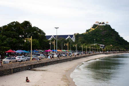 View cityscape landscape at Prachuap bay sea beach and Wat Thammikaram Worawihan temple on Khao Chong Krachok mountain for thai people travel visit on September 6,2021 in Prachuap Khiri Khan, Thailandのeditorial素材