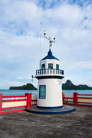 Beacon lighthouse and station measurement determination sea level on Saphan saranwithi bridge with island sea ocean at Prachuap bay beach on September 6, 2021 in Prachuap Khiri Khan, Thailandのeditorial素材