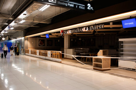 Shop and restaurant cafe closed service while Coronavirus COVID 19 outbreak in Suvarnabhumi international airport with lifestyle new normal of thai people on September 26, 2021 in Bangkok, Thailandのeditorial素材