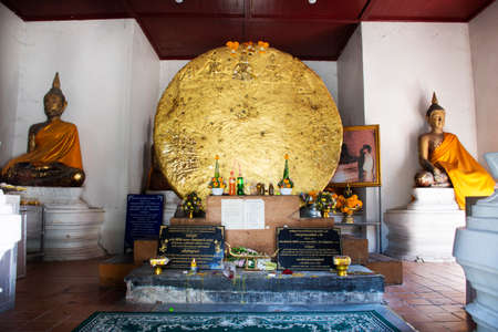 Holy circle stone moon image in ancient antique building of Wat Prasat Nakhon Luang Temple for thai people visit respect praying at Ayutthaya on December 4, 2021 in Phra Nakhon Si Ayutthaya, Thailandのeditorial素材