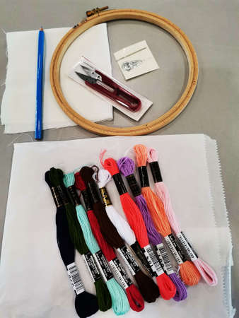 Thai women people study learning art handicrafts class handmade embroidery knitting yarn on cotton...