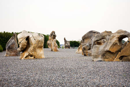 Exterior landscape gardening stone design on rock gravel in garden park for thai people travel visit...