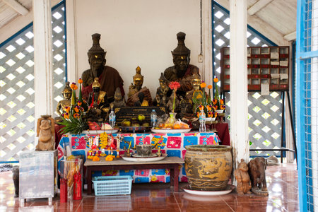 Ancient hermit monument or antique eremite statue for thai people travelers travel visit respect praying blessing holy worship mystical at Wat Tanot temple on March 15, 2022 in Nonthaburi, Thailandのeditorial素材
