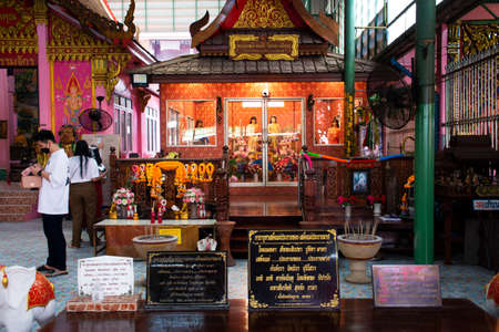 Mysterious worship Chao Mae Takhian Thong Shrine for thai people travelers visit and respect praying blessing holy mystery at Wat Takhian or Ta khian temple on March 20, 2022 in Nonthaburi, Thailandのeditorial素材
