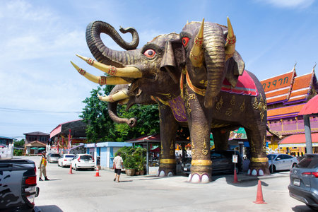 Carved sculpture erawan 3 headed elephant creatures mythical legend for thai people travelers travel visit respect praying holy mystery at Wat Bang Chak temple on June 12, 2022 in Nonthaburi Thailandのeditorial素材